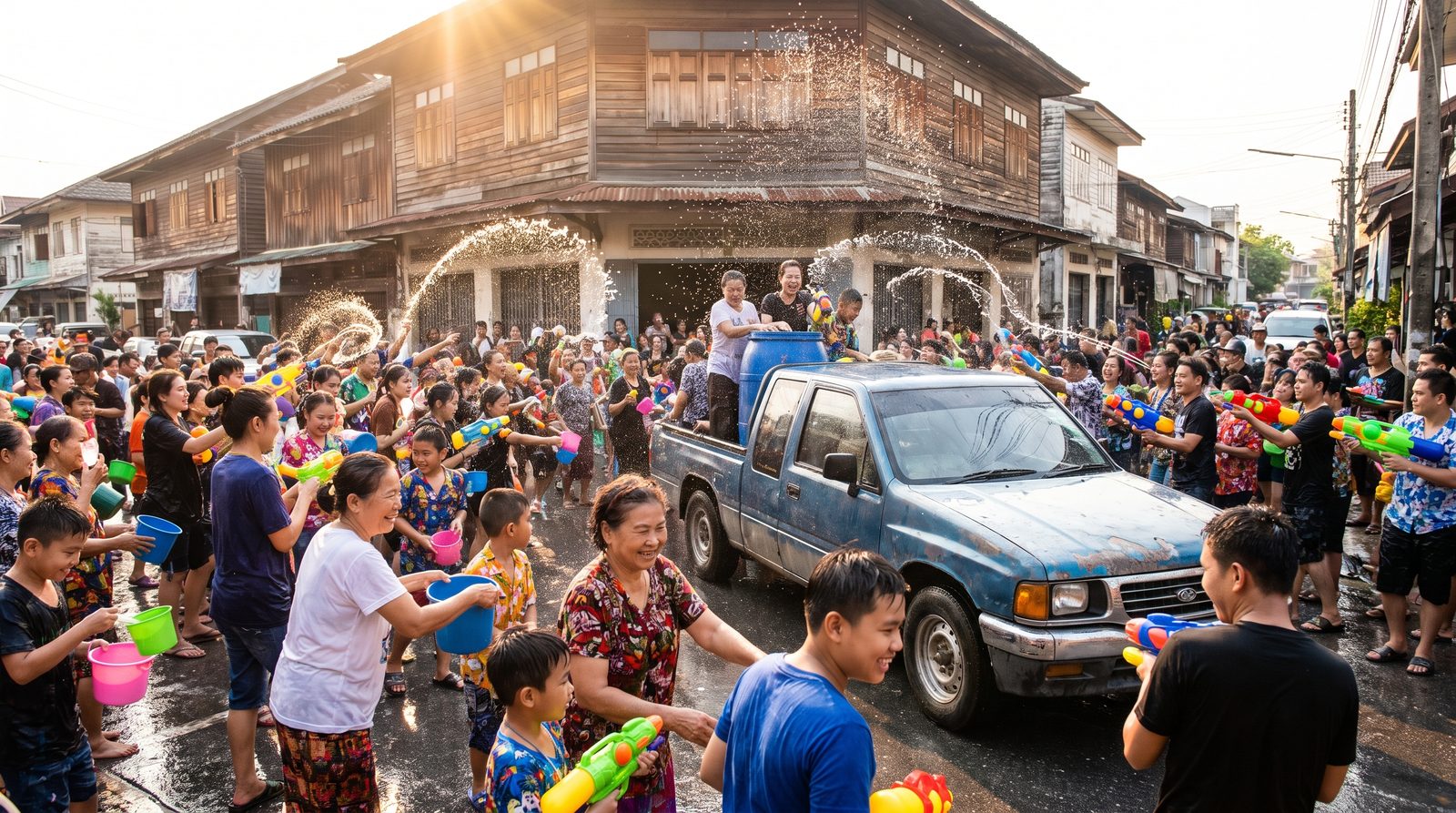 Crowds celebrating Songkran, the Thai New Year water festival, splashing water on a street in Chiang Mai