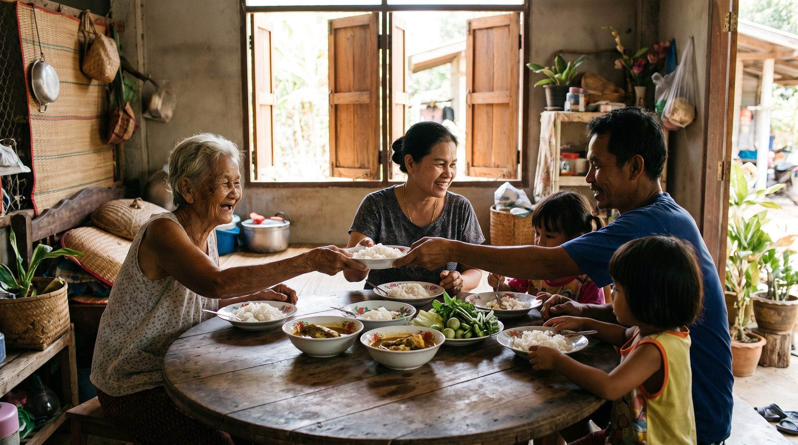Three generations of a Thai family sharing a meal, illustrating the Thai family words for grandparents, parents and children