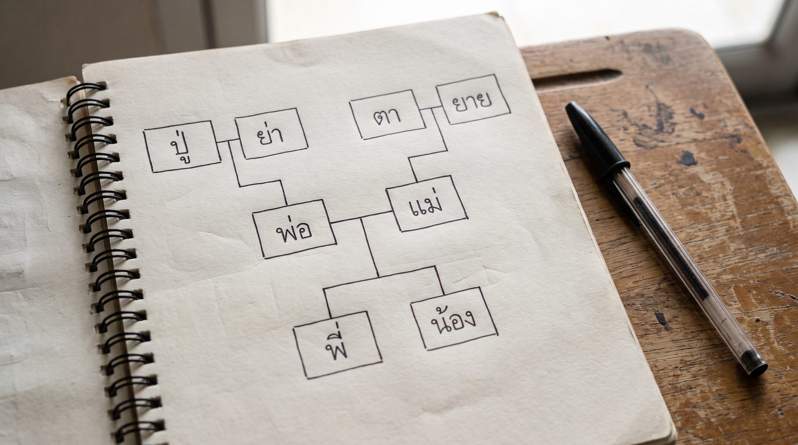 Hand-drawn Thai family tree in a notebook labelled with Thai family words in Thai script: ปู่, ย่า, ตา, ยาย, พ่อ, แม่, พี่ and น้อง