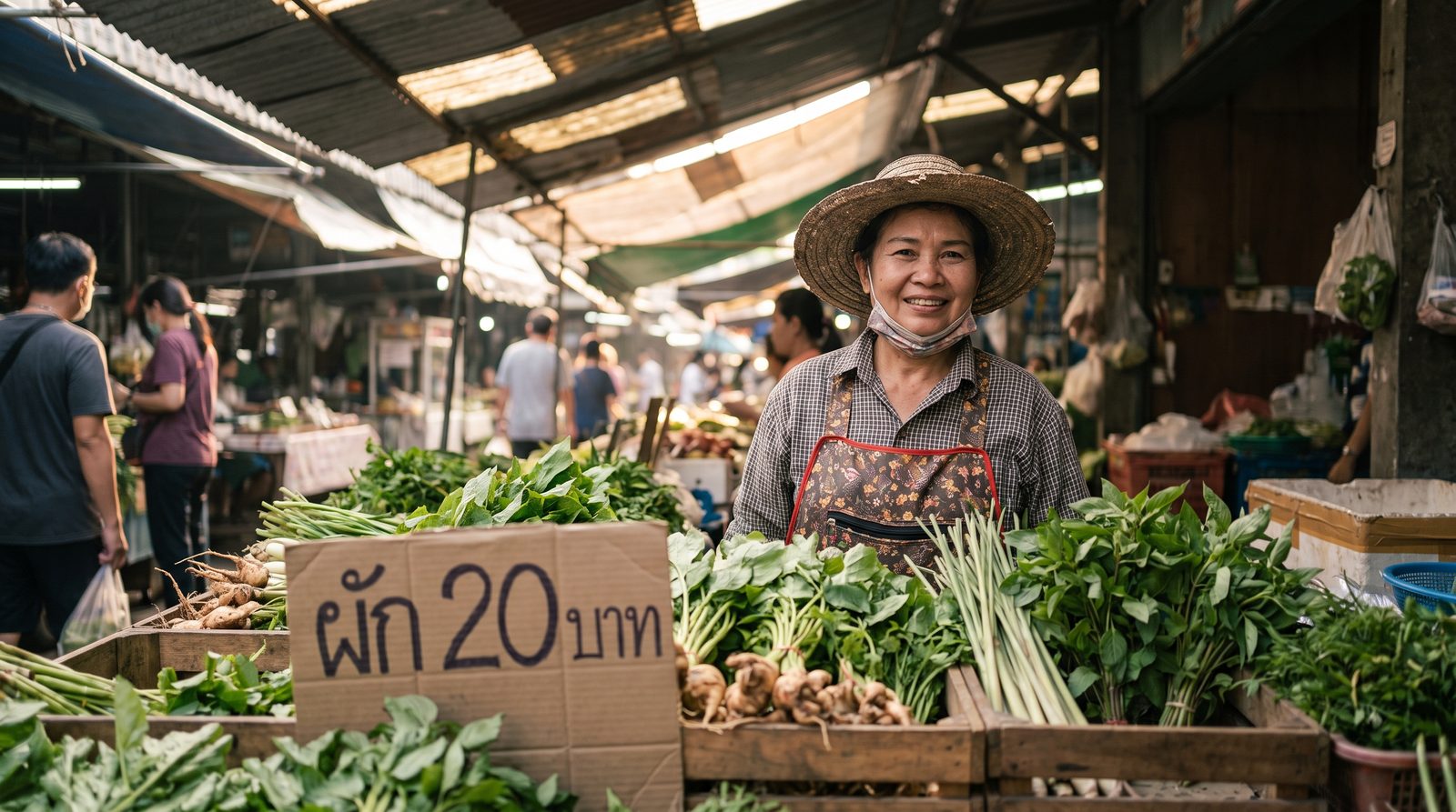 Thai market vendor at a vegetable stall beside a handwritten price sign in Thai script reading ผัก 20 บาท