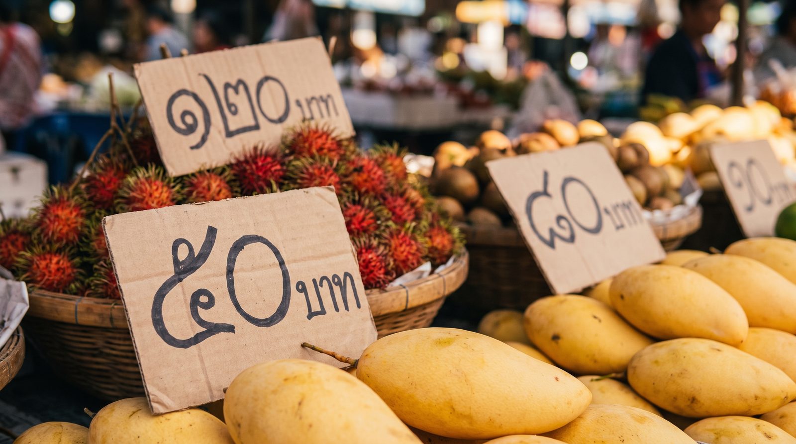 Handwritten Thai numeral price signs reading ๑๒๐ บาท and ๕๐ บาท on baskets of rambutan and mango at a Thai fruit market