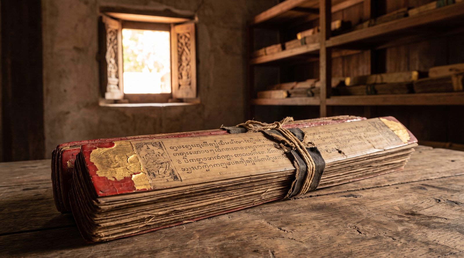 Ancient palm-leaf manuscript from a Thai temple library, inscribed with rows of old script