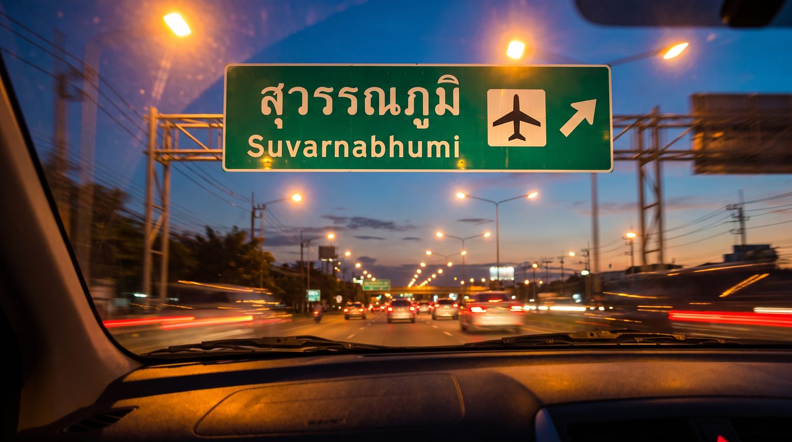 Green Thai airport road sign reading สุวรรณภูมิ Suvarnabhumi at dusk, an example of Sanskrit-derived Thai script on real signage