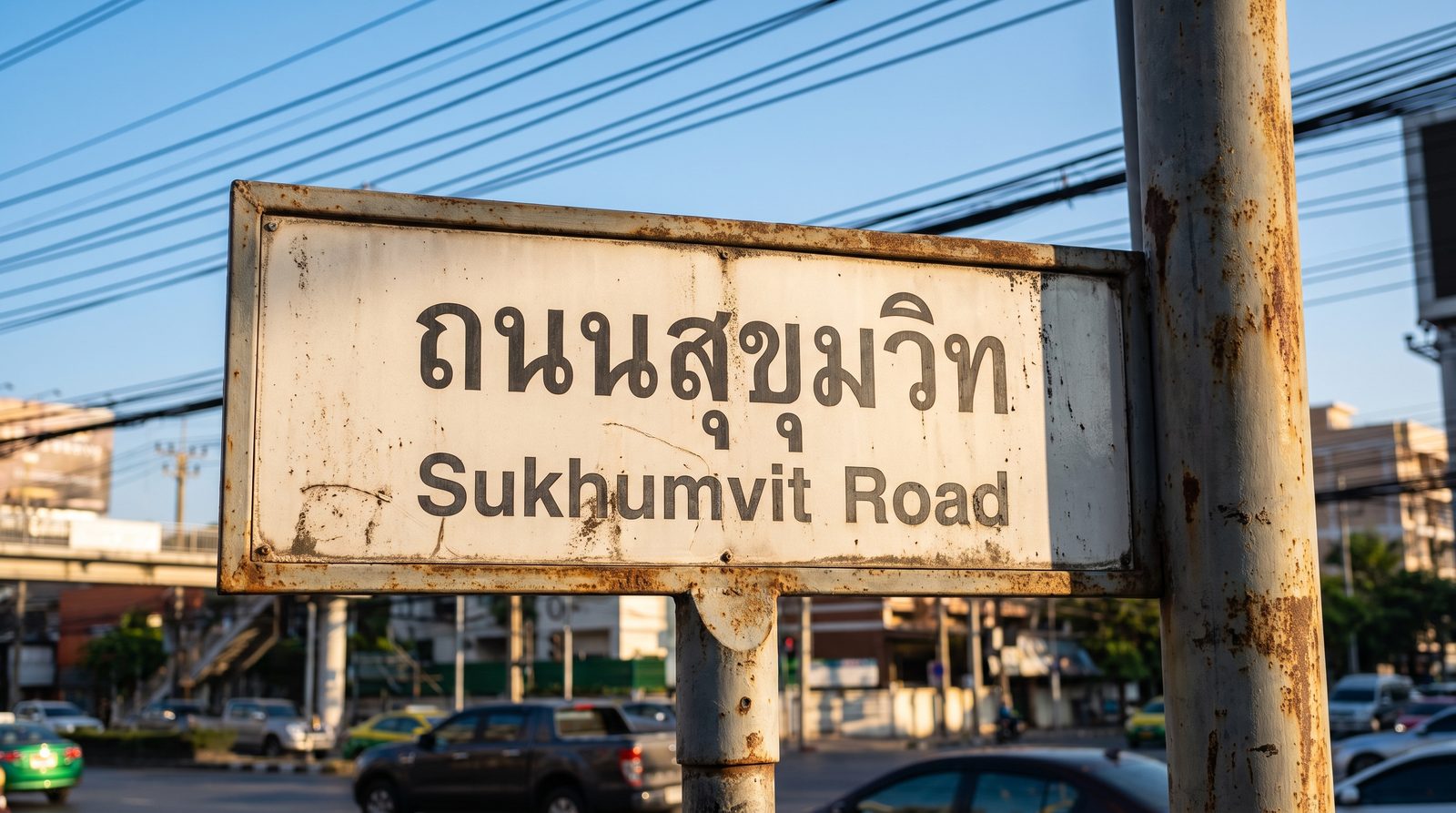Weathered Bangkok street sign reading ถนนสุขุมวิท Sukhumvit Road in Thai script with English transliteration underneath