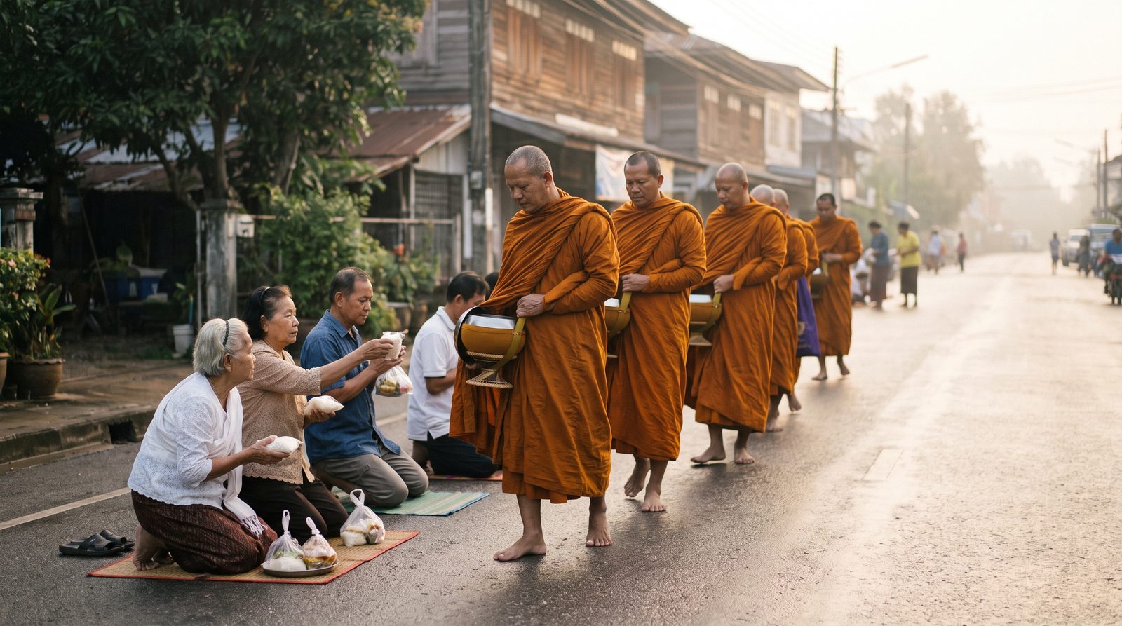 Thai villagers kneeling on mats to offer rice to a line of monks at dawn, showing the physical height rules behind Thai politeness