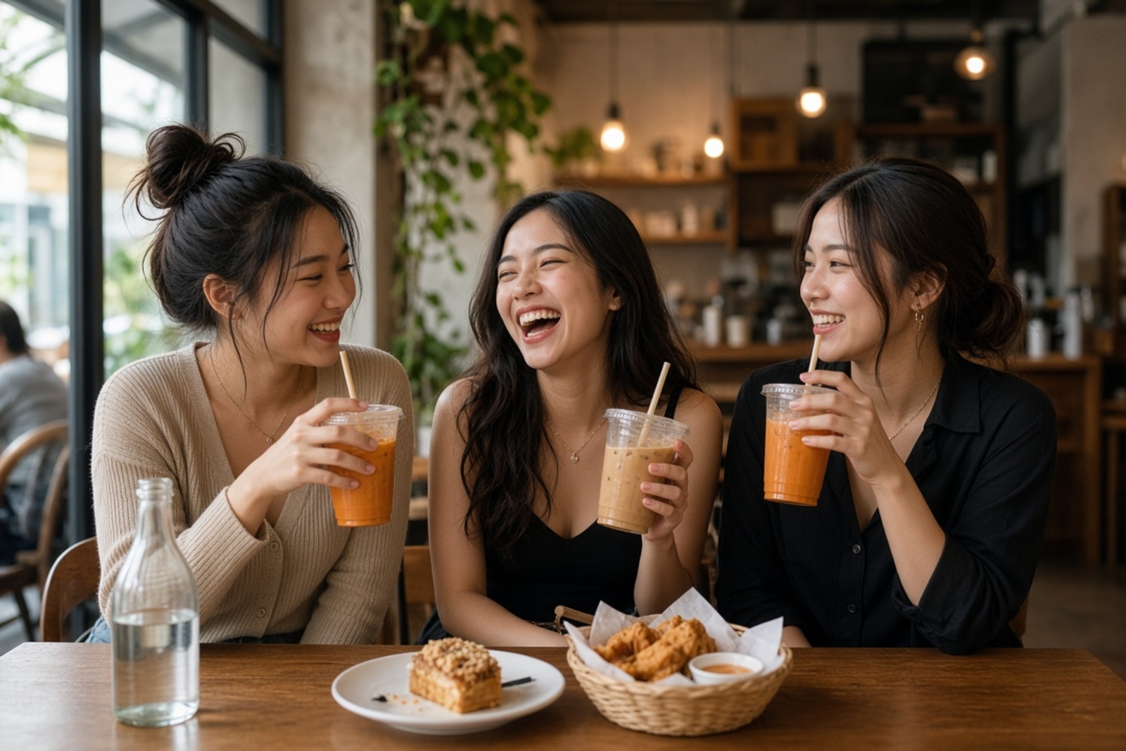 Three young Thai women laughing and drinking iced beverages in a Bangkok cafe, the kind of relaxed setting where Thai slang words are spoken freely