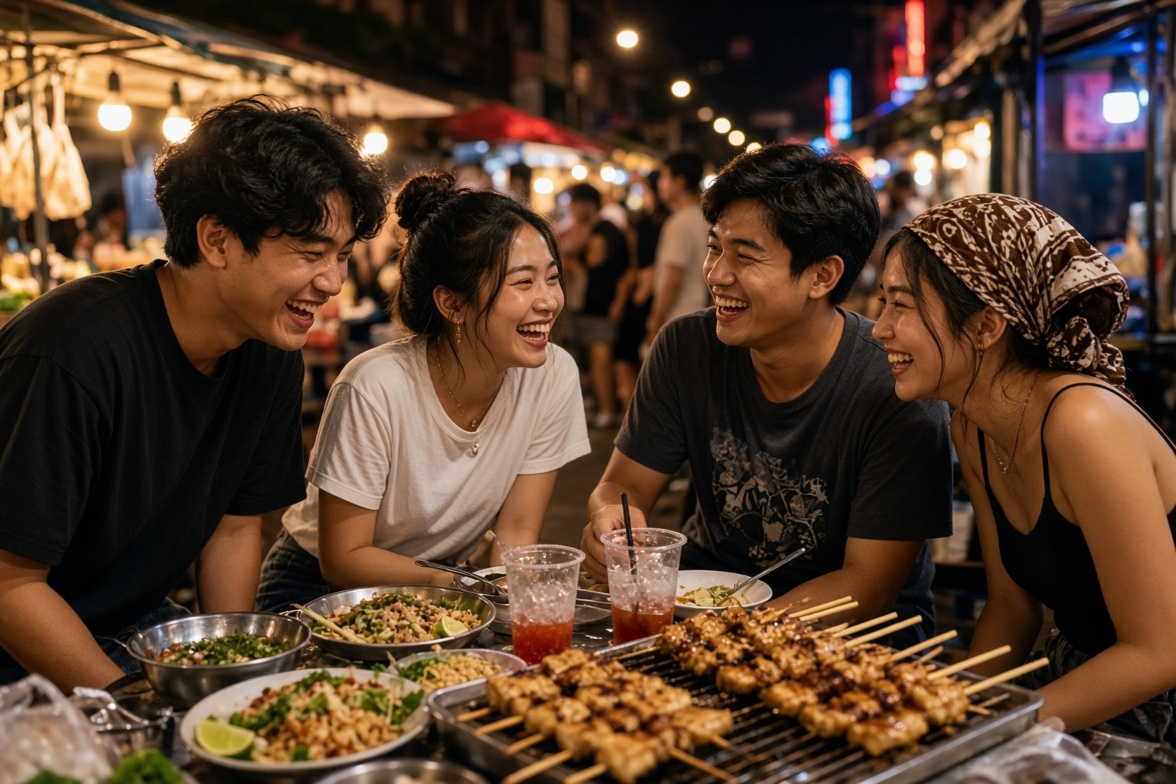 Young Thai friends laughing and chatting over street food at a night market in Bangkok, illustrating natural use of Thai slang words