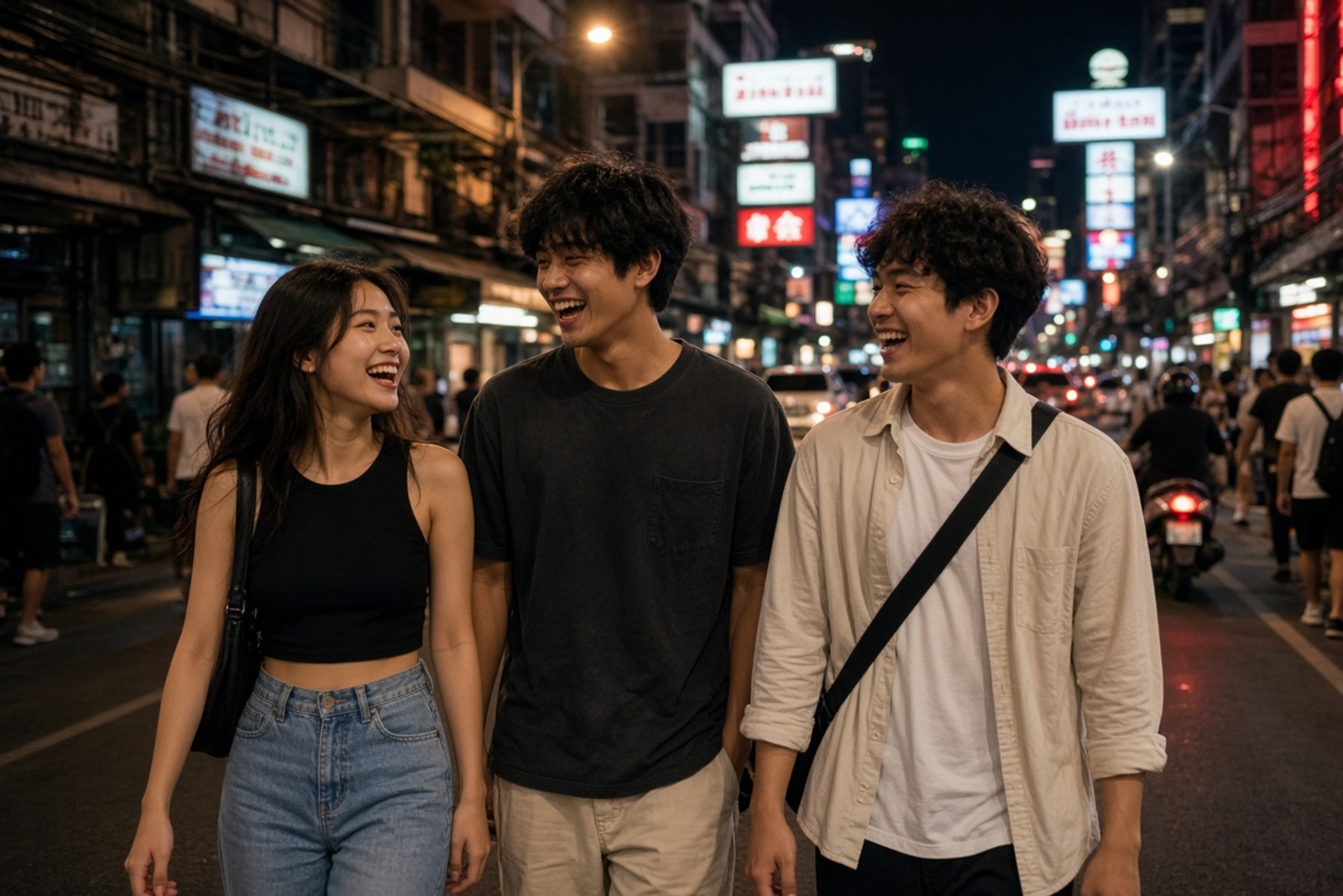 Three young Thai people walking and laughing together on a Bangkok street at night, showing casual conversation where Thai slang words are used