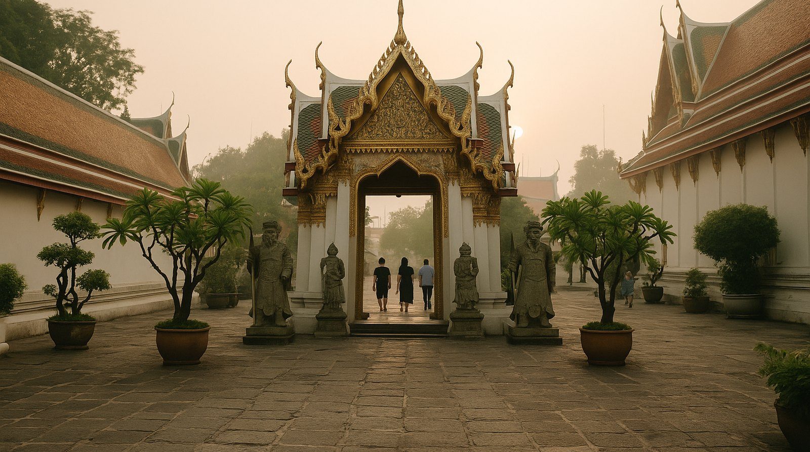 Entrance courtyard of a Thai Buddhist temple at dawn, the everyday setting where learners practise how to read Thai script on wat signage
