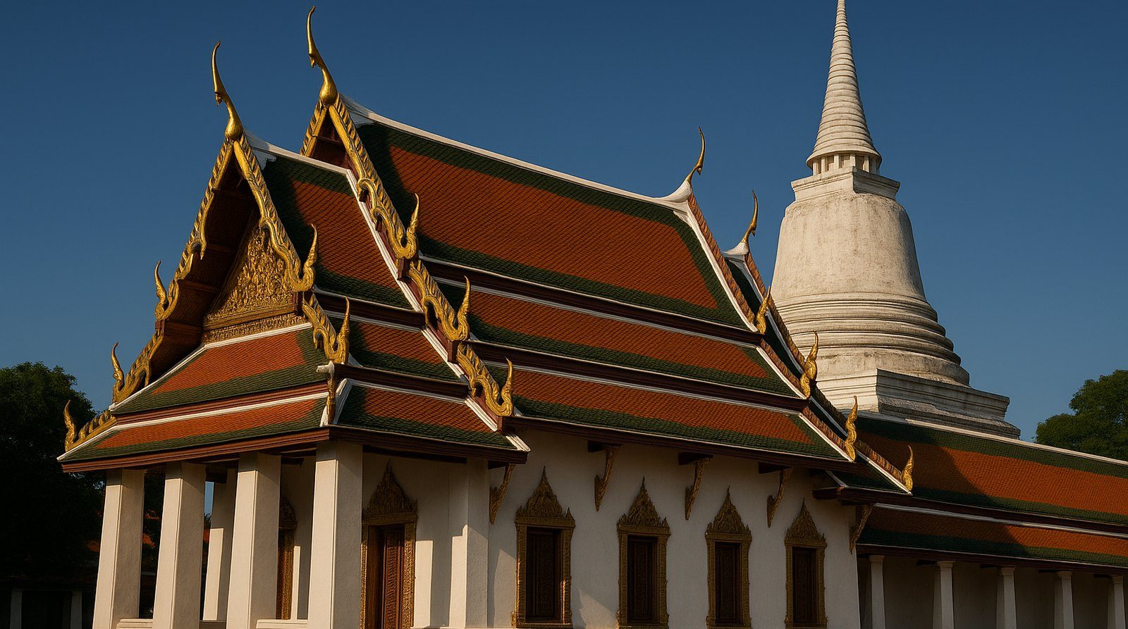 Thai temple ordination hall with a tiered orange and green roof beside a white bell-shaped chedi, the wat buildings named in this Thai vocabulary guide