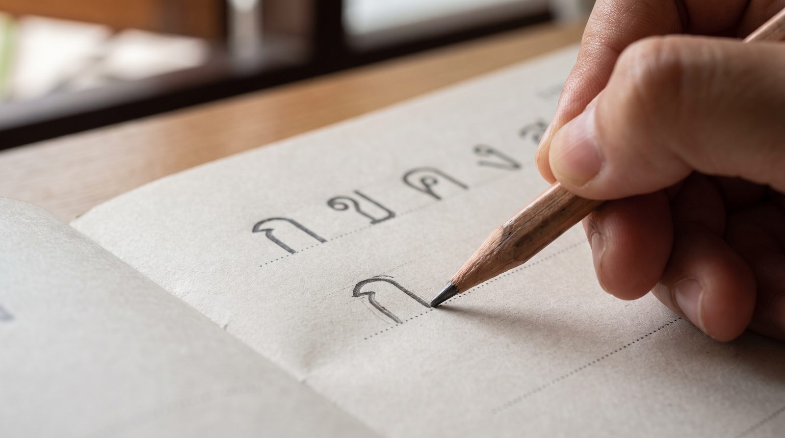 Hand practising Thai letters in pencil in a ruled exercise book, a beginner Thai lesson in forming Thai consonants and vowels