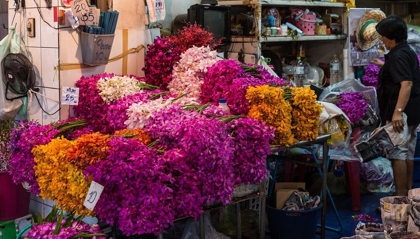 Orchid stall at Pak Khlong Talat flower market Bangkok Thailand with handwritten Thai price tags reading kam la 25 baht in Thai script and numerals