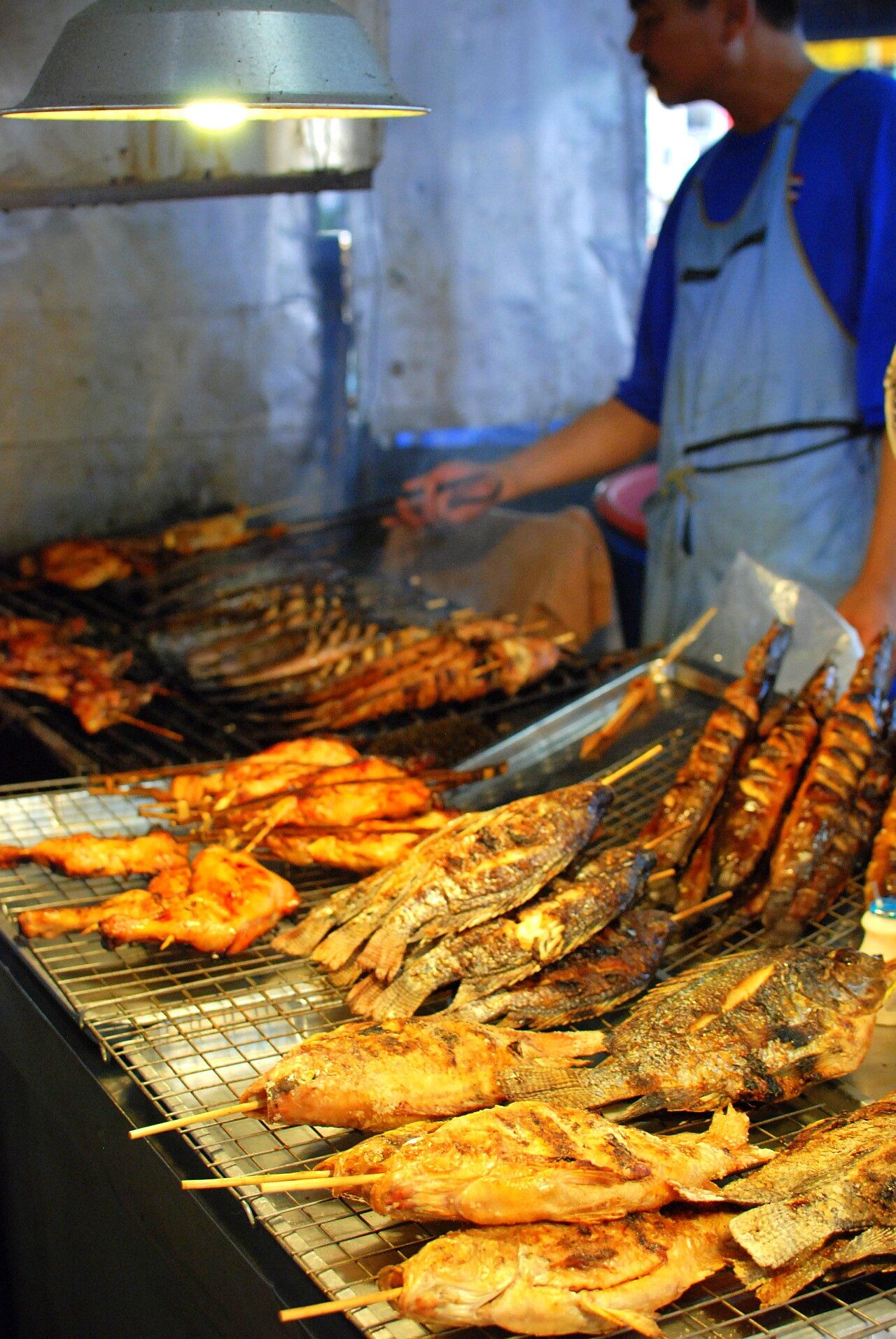 Thai vendor grilling whole fish and skewers over charcoal at a market stall in Chiang Mai, Thailand, an example of pla phao grilled fish