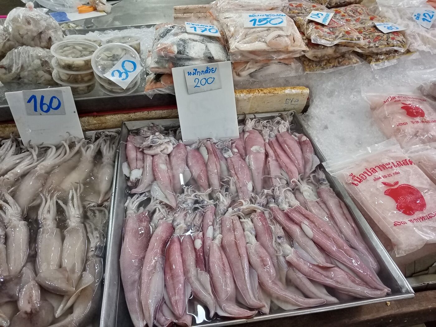 Fresh squid in trays at a Thai market with handwritten Thai price signs reading muek kluay 200 and salmon 170 baht