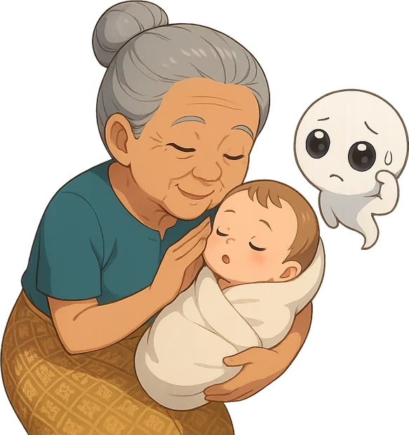 A Thai grandmother whispers a nickname to a sleeping baby while a small, confused ghost looks on