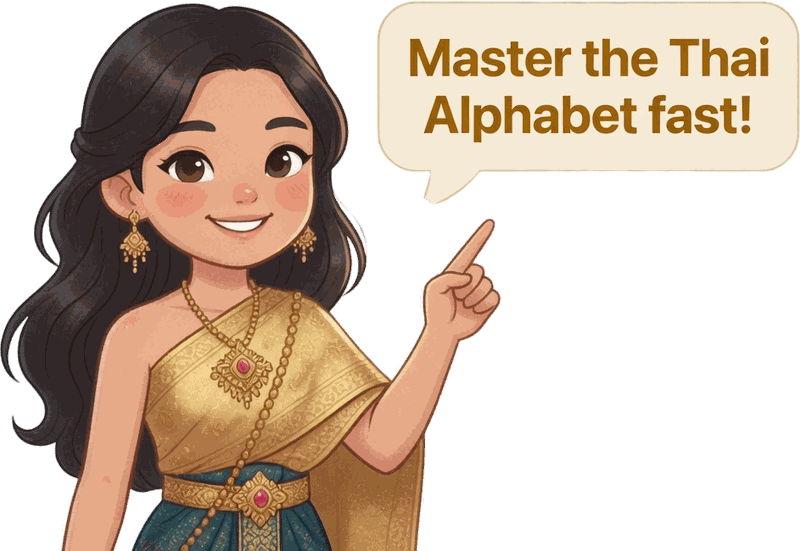 A friendly Thai guide in traditional silk pointing to a speech bubble that reads: Master the Thai alphabet fast!