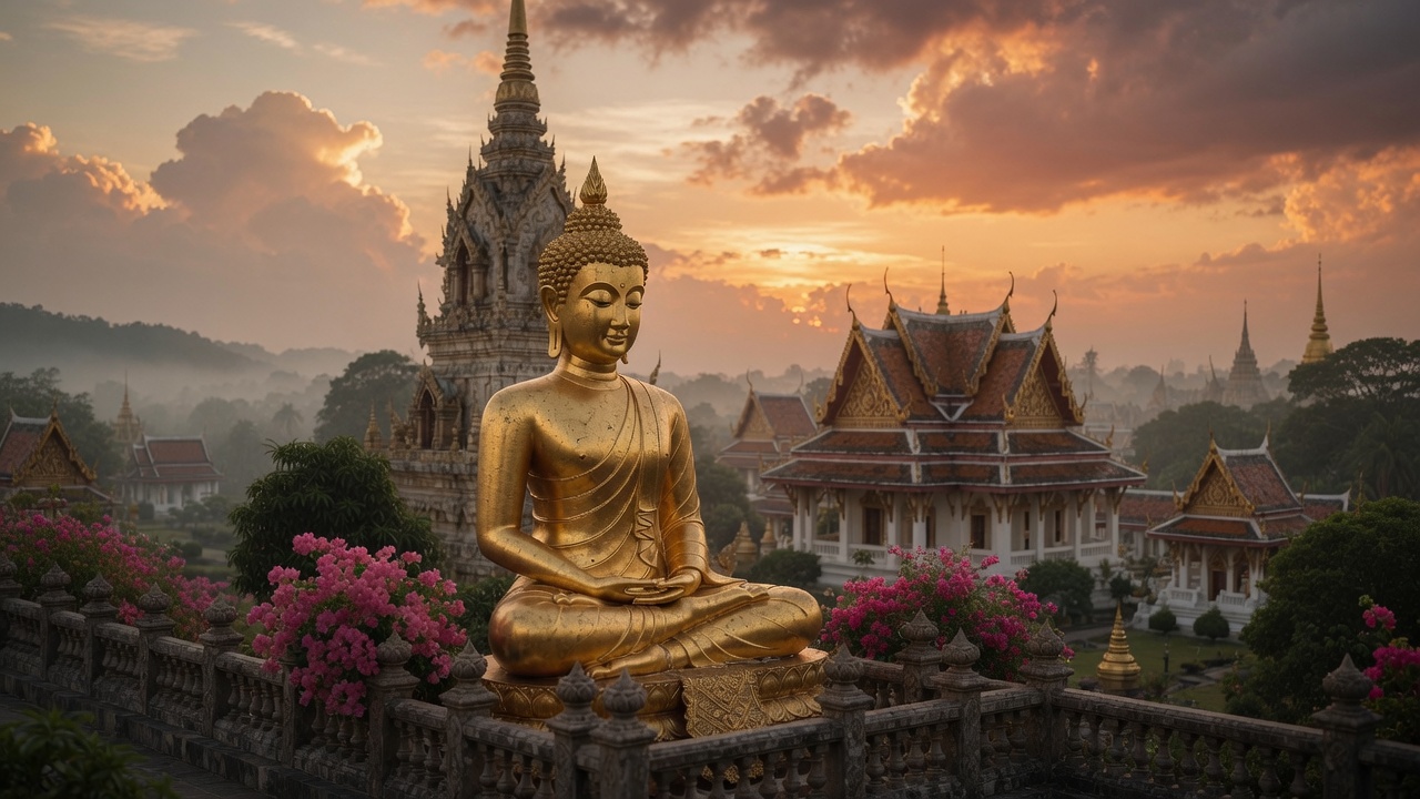 A gilded seated Buddha in the meditation posture on a temple terrace at sunrise, with tiered Thai temple roofs, a white chedi and bougainvillea behind it.